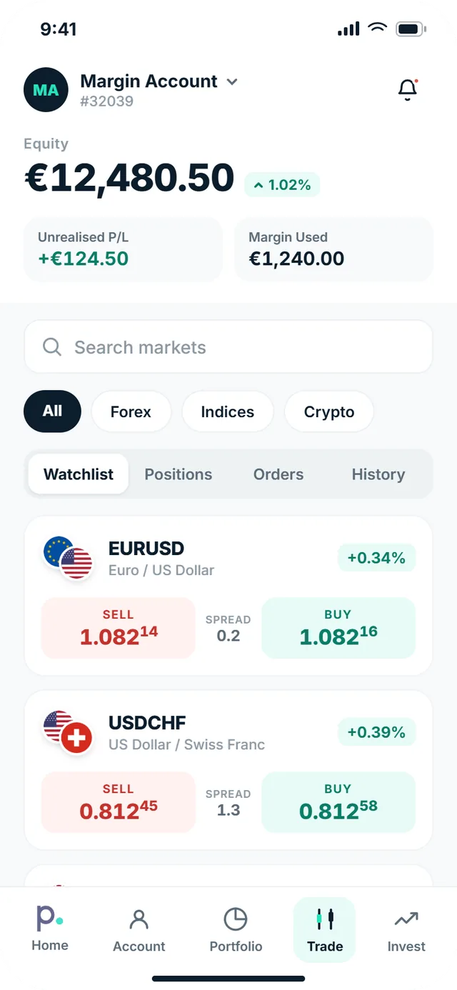 The PureWallet trading account on a handheld device, showing equity, unrealised profit and loss, margin used, and the watchlist with positions, orders and history tabs
